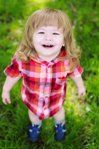 Felice piccolo ragazzo su erba verde — Foto Stock