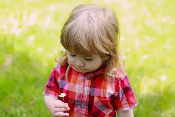 Heureux petit garçon sur herbe verte — Photo