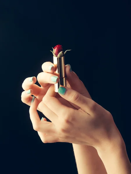 Mani femminili con rosa rossa — Foto Stock