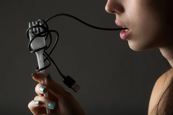 Female lips with usb cable — Stock Photo, Image