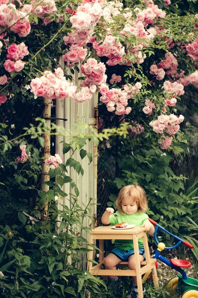 バラの茂みのそばを食べる小さな男の子 — ストック写真