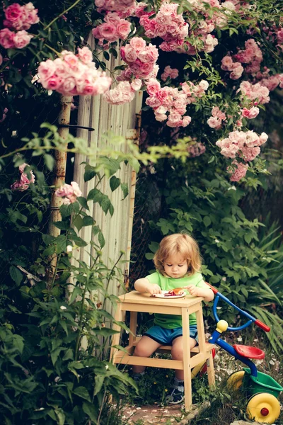 バラの茂みのそばを食べる小さな男の子 — ストック写真