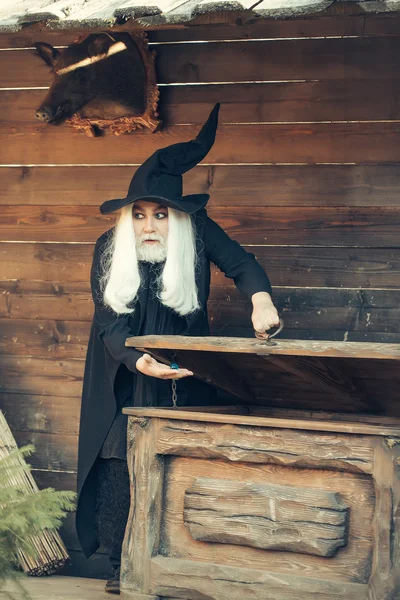 Oude wizard in de buurt van borst- of trunkpoort sierkist — Stockfoto