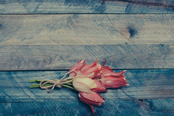 Flores de tulipa rosa no fundo de madeira — Fotografia de Stock