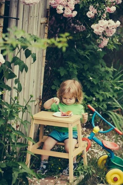 Μικρό αγόρι τρώει κοντά Τριανταφυλλιά — Φωτογραφία Αρχείου