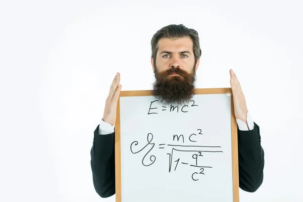 Hombre barbudo con fórmula de Einstein y ley newtons —  Fotos de Stock
