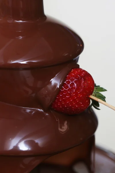 Strawberry in chocolate fountain — Stock Photo, Image