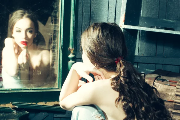 Sensual girl near mirror — Stock Photo, Image