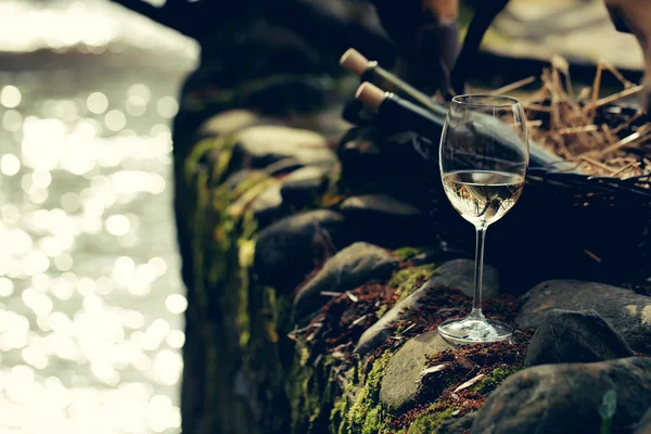 Sklenice na víno poblíž lahví v košíku — Stock fotografie