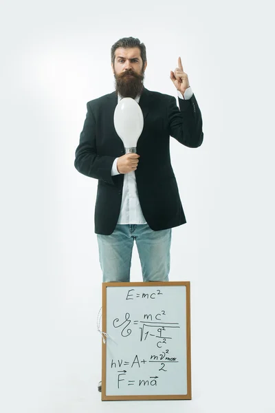 Bearded man with einstein formula and newtons law — Stock Photo, Image