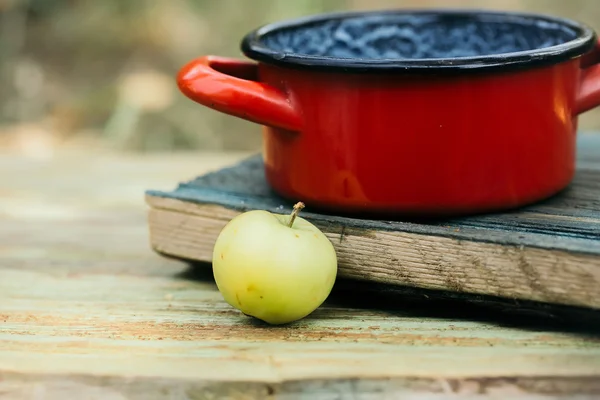 Červený hrnec a zelený jablíčko — Stock fotografie