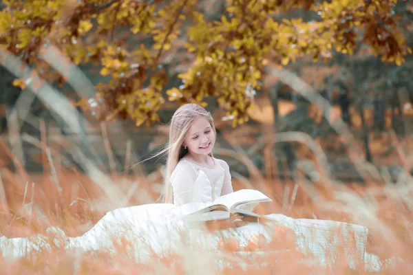 Kleines Mädchen im Kleid mit Obstkorb und Buch — Stockfoto