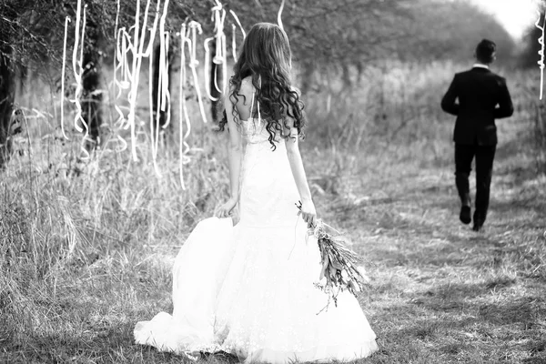 Boda pareja caminando al aire libre — Foto de Stock