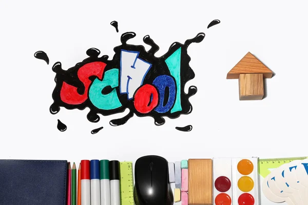 Graffiti school word and supplies — Stock Photo, Image