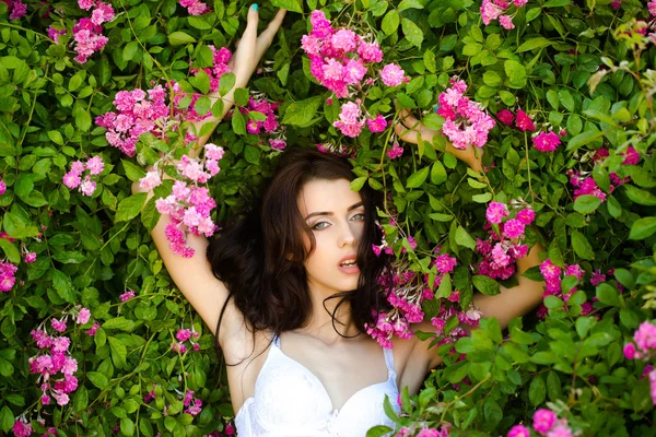 Vrouw in de buurt van roze rozenstruik — Stockfoto