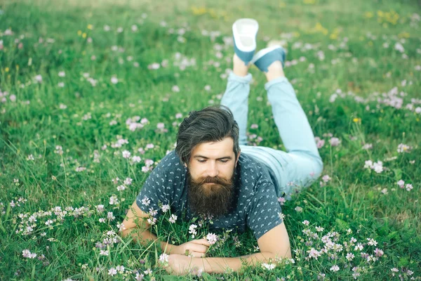 Bärtiger Mann liegt auf grünem Gras — Stockfoto