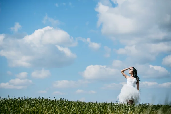 Bonita chica de la boda en hierba verde y el cielo — Foto de Stock