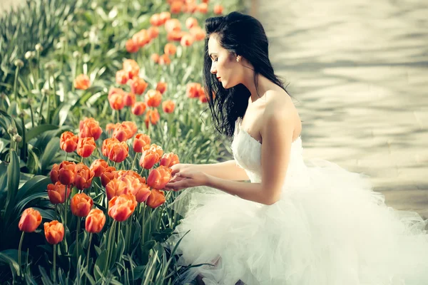 Pretty wedding woman near red tulips — Stock Photo, Image