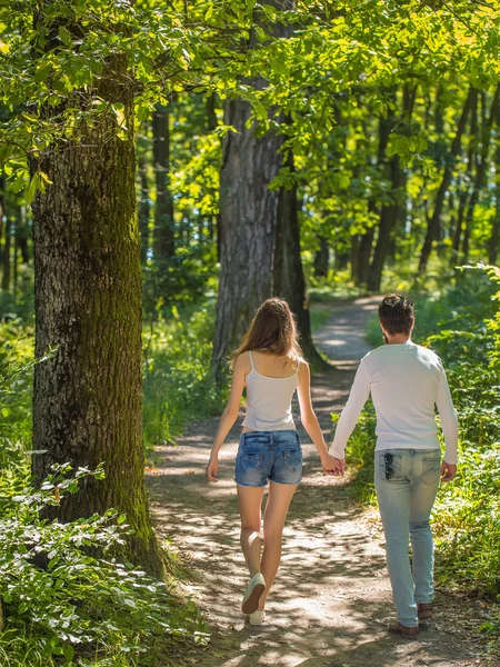 Junges Paar spaziert im Wald — Stockfoto