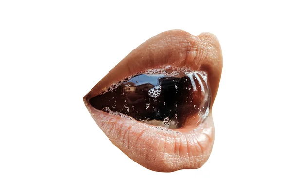 Lábios femininos sexy com bolha isolada no branco — Fotografia de Stock