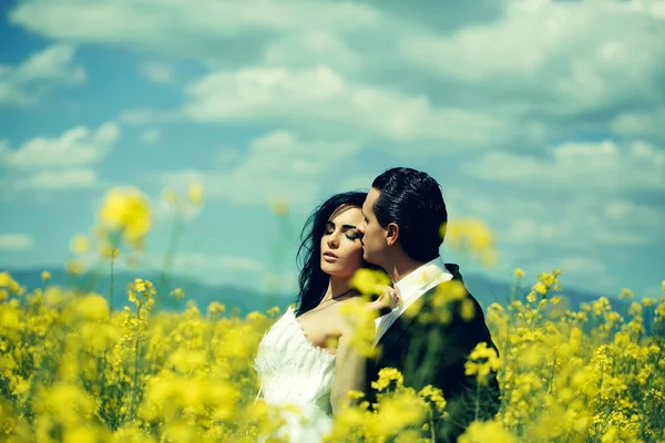 Pareja de boda en campo flores amarillas —  Fotos de Stock