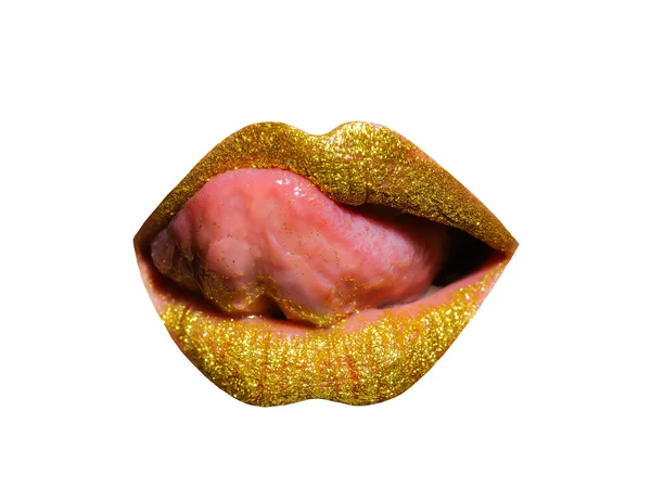 Gold sexy female lips isolated on white — Stock Photo, Image
