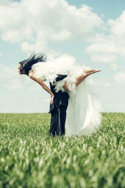 evlilik çift yeşil çim ve mavi gökyüzü