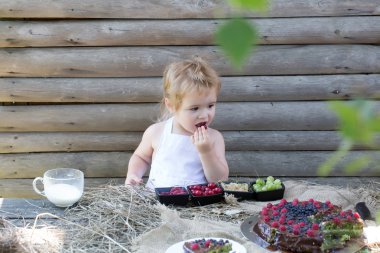 Tatlı küçük çocuk böğürtlen yiyor.