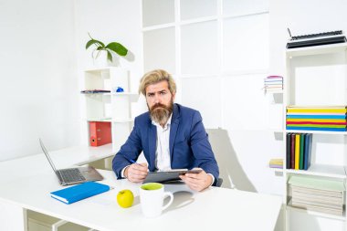 Ofis çalışanı evrakları not alıyor. Ofisteki verileri analiz eden zarif bir iş adamı. Modern ofiste çalışan sakallı bir iş adamı..