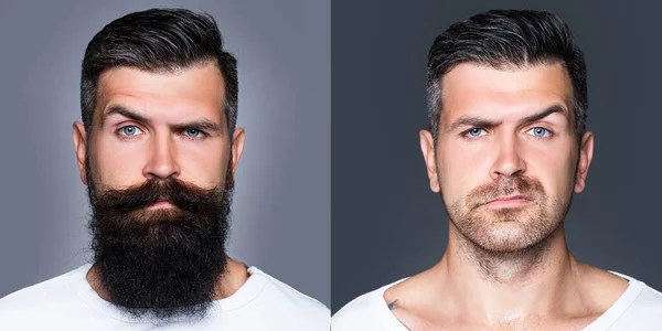 Homem barbudo com barba e bigode na barbearia. Salão de cabeleireiro barbeiro raspado vs não raspado. — Fotografia de Stock