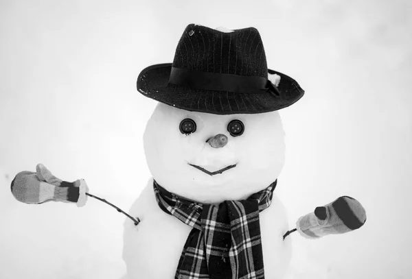 他的朋友雪人站在冬天的帽子和围巾上，红鼻子。可爱的小雪人户外。雪人在雪的背景下被隔离. — 图库照片