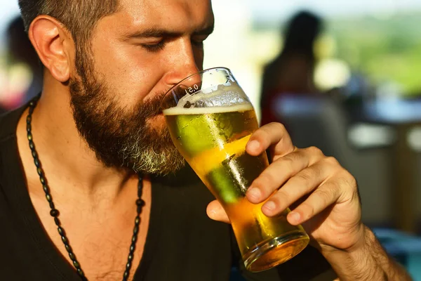 Happy elegant man drinking beer. Beard man drinking beer from a beer mug. Bearded man with a glass of beer.