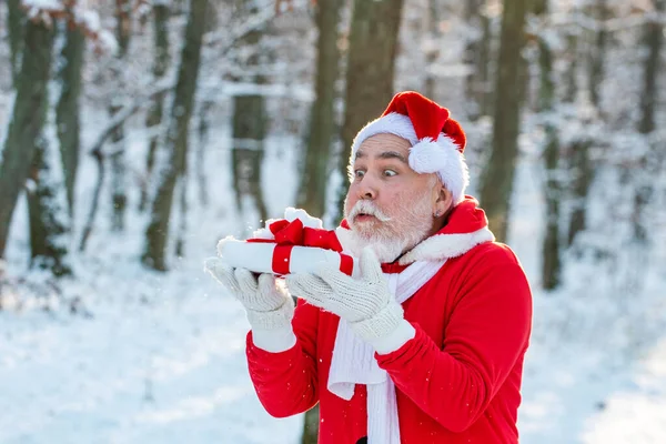 サンタクロースは雪を吹く。雪の上で幸せなサンタ吹いている。雪の森を歩く幸せなサンタクロースの肖像画と吹いて魔法のクリスマスの雪. — ストック写真