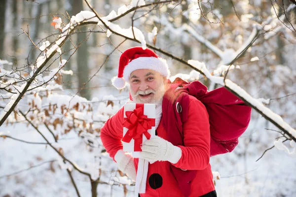 サンタクロースは冬の森に贈り物の袋を持って来て. — ストック写真