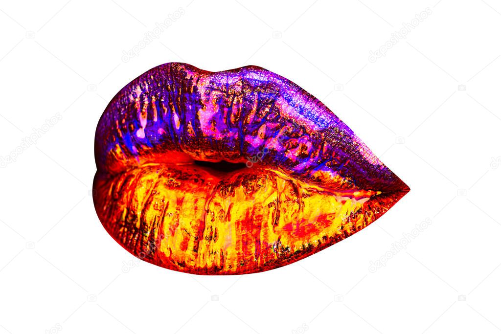 Neon lipstick, gold mouth. Sexy lip. Kiss lips Isolated on white background.