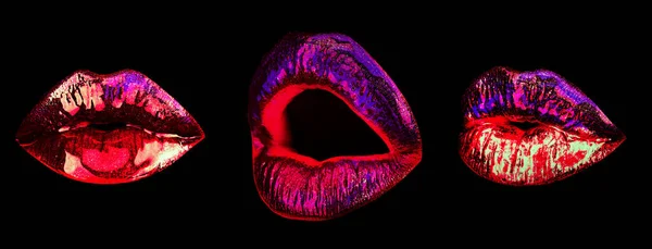 Набор сексуальных губ. Коллаж неоновой художественной помады, изолированный на белом. Роскошный гламурный рот. — стоковое фото
