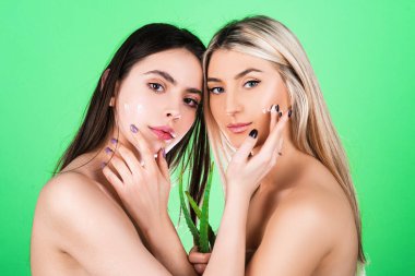 Yüz maskeli şehvetli arkadaşlar. Güzel genç bir kadın taze ve temiz bir cilt. Güzellik, doğal cilt bakımı, sağlık, yüz bakımı, cilt bakımı. Yüz maskesi kaplıcası. Güzellik salonu.