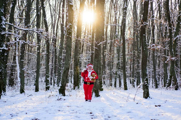 Karlı Noel zamanı. Noel baba hediyeler dağıtır. Karlı kış dağlarında Noel Baba takım elbise giyiyor. Yeni yıl ve xmas geliyor.. — Stok fotoğraf