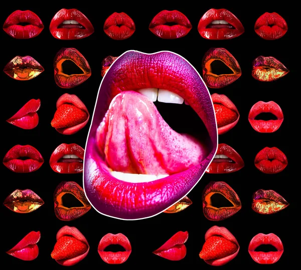 Sexy seducción boca abierta, lamer la pasión y la lengua sensual chupar. Conjunto de texturas con labios seducción tentación pasión. Diseño abstracto del patrón del arte, bandera. — Foto de Stock