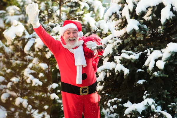 サンタクロースはクリスマスに冬の山の雪の中を歩く。はがき・グリーティングカード. — ストック写真