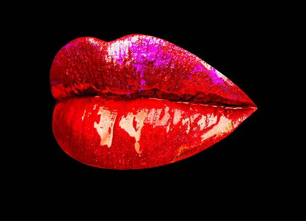 Sexy lip with red lipstick, kiss. Isolated on black background. — Stock Photo, Image