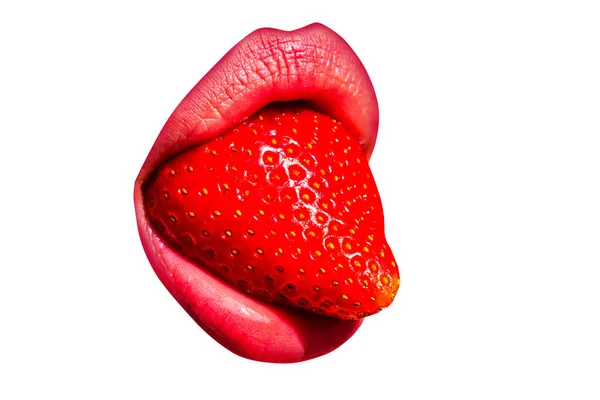 Lingua di fragola, erotismo. Donna sexy bocca, passione leccare e sensuale succhiare. Cocktail di frutti estivi, desiderio di passione tentazione. Design astratto, striscione. Isolato su sfondo bianco. — Foto Stock