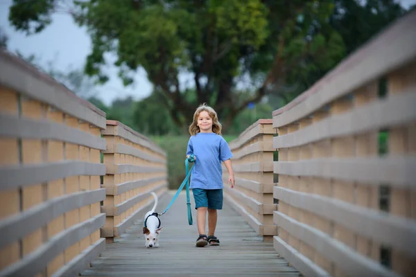 Ένα παιδί βγάζει βόλτα ένα σκύλο. Παιδί με κατοικίδιο φίλο. Το αγοράκι περπατά με το κουτάβι.. — Φωτογραφία Αρχείου