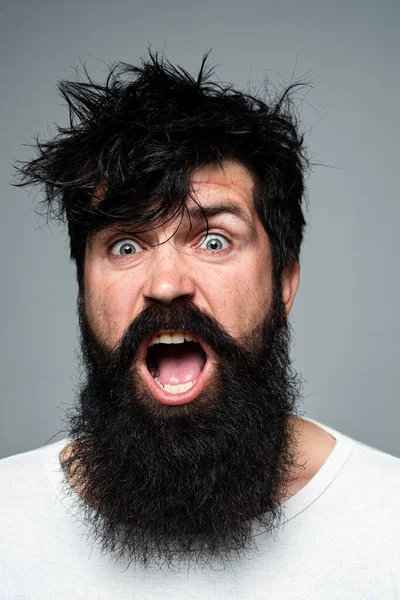Surprised bearded man. Shocked male model with surprise expression, wow amazed excited face. Emotions people concept. Open mouth. Excited morning.