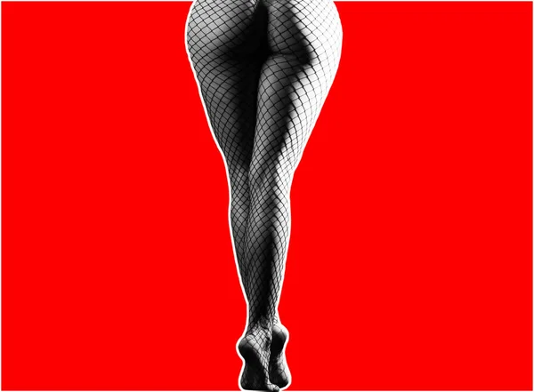 Long female legs. Sexy butt, ass. Baner, body isolated on red. Feet of a girl in stockings. — 图库照片