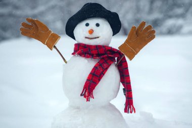 Kardan adam kürk şapka ve eşarp takıyor. Mutlu yıllar. Kardan Adam 'la Noel geçmişi. Mutlu kardan adam kışın Noel manzarasında duruyor