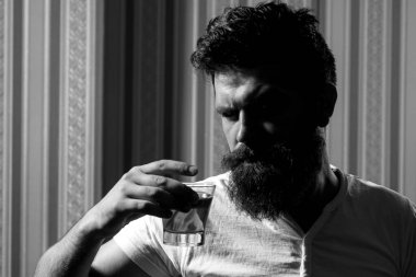 Şık erkek sakalı portresi. Yakışıklı, şık sakallı adam işten sonra evde içiyor. Sarhoş bir adam. Şık adam..