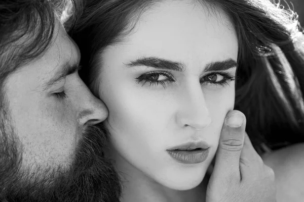 Intimacy sensual concept. Couple in love. Romantic and love. Passion dating and love. Seduction concept. Kissing couple portrait. Passionate man kissing sensual woman. — Stock Photo, Image