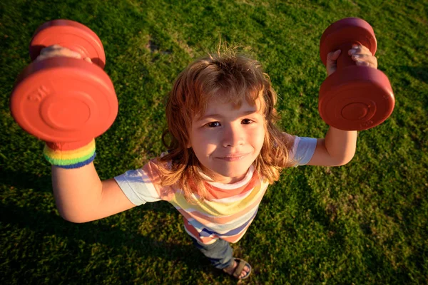 Divertente sport infantile. Ragazzo con i manubri nel parco. Ragazzino forte. Faccia da bambino divertente. Sviluppo dei bambini e sano esercizio fisico forte. Ampio angolo. — Foto Stock