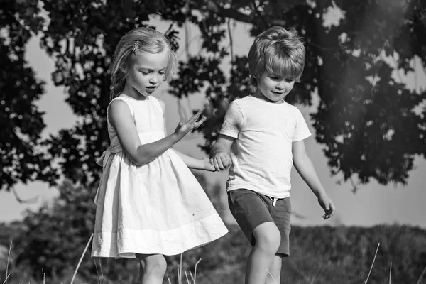 生态生活。儿子和女儿在地上播种.甜蜜的童年村里的小农场主积极的儿童概念。夏天的闲暇农村的童年. — 图库照片
